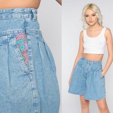 Pleated Jean Shorts 90s Denim Shorts Retro Blue Paper Bag Shorts Boho Mom Shorts High Waisted Floral Hipster Vintage 1990s Extra Small xs 