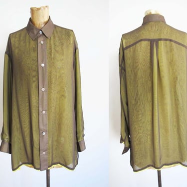 Vintage 90s Issey Miyake Sheer Silk Long Sleeve Button Up - Collared Black Neon Green Long Sleeve Shirt - Minimalist - Oversized 