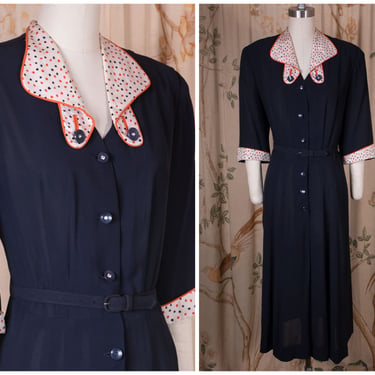 1950s Dress - Sweet Vintage Late 40s/Early 50s Navy Blue Day Dress with Dotted Silk Collar and Cuffs 