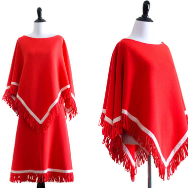 1960s or 1970s Poncho and Skirt Set in Electric Coral 