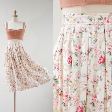 cute cottagecore skirt | 80s 90s vintage Susan Bristol white cream pink romantic rose floral fit and flare vintage midi skirt 