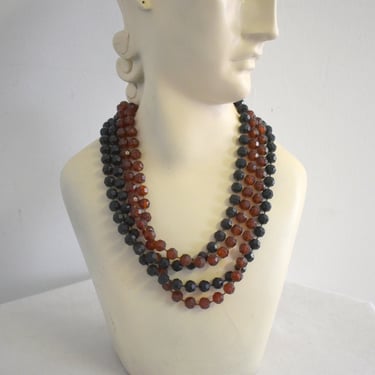 1960s/70s Extra Long Two Strand Brown and Black Faceted Plastic Bead Necklace 