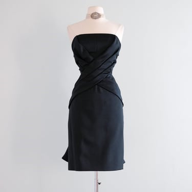 Stunning Vintage Sculptural Black Strapless Cocktail Dress By Victor Costa / SM