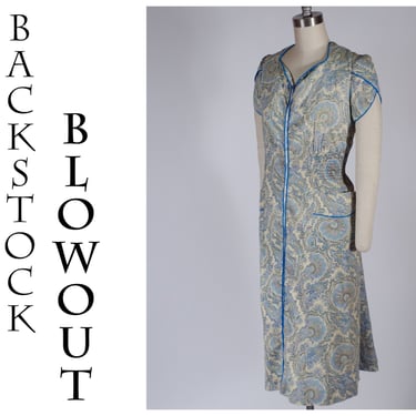 4 Day Backstock SALE - Size XL - 1950s Blue Paisley Zip Front Housedress As Is  - Item #192 