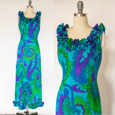 1960s Hawaiian Dress Ruffle Maxi Gown S 