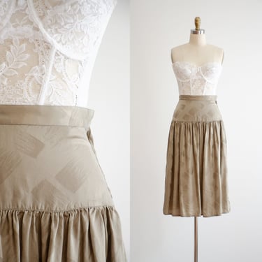 jacquard silk skirt 80s vintage taupe greige brown drop waist knee length skirt 