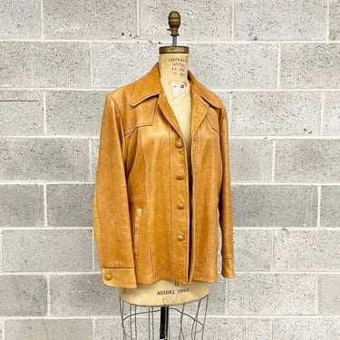 Vintage Leather Jacket Retro 1970s Leather Shop Collection + Sears + Size 42 + Cognac + Tan + Pointy Collar + Cold Weather + Unisex Apparel 