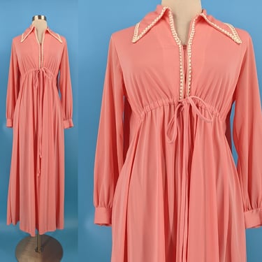 Seventies Pink Loungees Zip Front Robe Dress - 70s Small Long Sleeve Hostess Dress 
