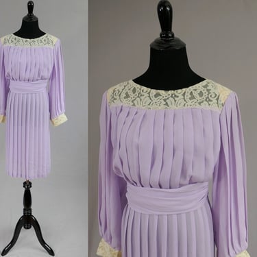 80s Lilac Purple Pleated Dress - Cream Lace Trim - Monica Richards - Vintage 1980s - S Petite 