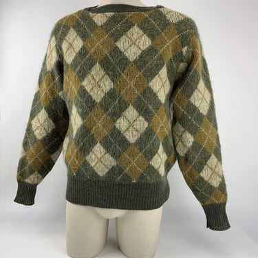 1960'S MOHAIR & WOOL Sweater - Argyle Pattern in Earthy Colors - Unusual Neckline - Men's Size X-Large 