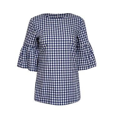 Elizabeth McKay - White & Blue Gingham Detachable Flounce Sleeve Top Sz XS