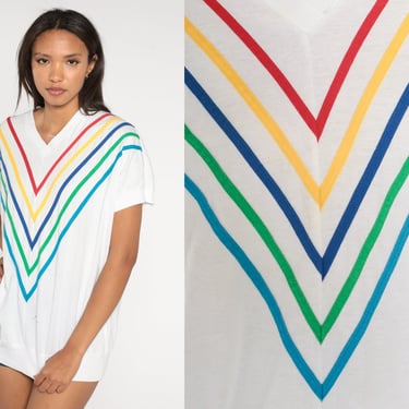 80s Striped Top White Rainbow Chevron Shirt V Neck Top Cap Sleeve Blouse Vintage Slouchy Banded Hem Retro 1980s Slouch Large xl 