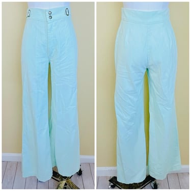 1970s Vintage Mint Green Cotton Flared Pants / 70s / Seventies Side Buckle High Waisted Bell Bottoms / Small Waist: 26" 