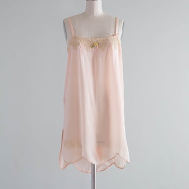 Beautiful 1920's Silk Chemise Step-In With Lace Trim / Small