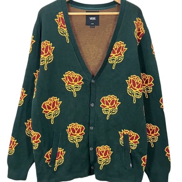 Vans Green Rose Print Cardigan Sweater Large