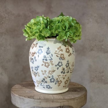 Beige/Blue Floral Pattern Vase, French modern vase, grandmillennial decor, vintage inspired vase, tall ceramic vase, handmade vase 