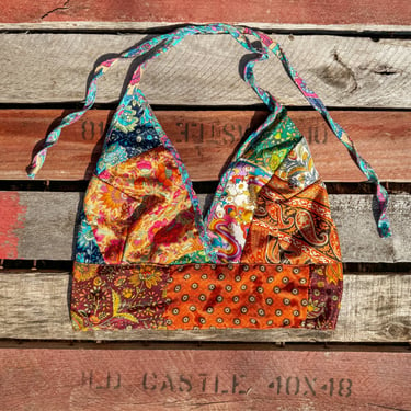 Beachy Boho Hippie Recycled Patchwork Silk Bralette, Bra Top