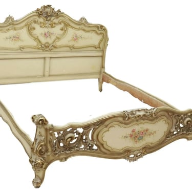 Bed, Venetian Louis XV Style Parcel Gilt &amp; Painted Bed, Crest, Vintage / Antique
