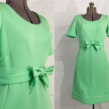 Vintage 60s Green Mini Dress Mint Bow Mod Mad Men Megan Draper Short Sleeve Party Prom Twiggy Small 1960s 