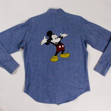 1970s Kennington Mickey Mouse Chambray Mandarin Collar Shirt / Disney / Western Shirt / Pearl Snap / Large / L / 70s / Vintage Mickey Mouse 