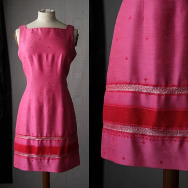 Vintage 90s Jessica Howard Pink Brocade Saree Fabric Mini Dress w/ Silver Tinsel Embroidery | Made in USA | 1990s Designer Mini Tank Dress 