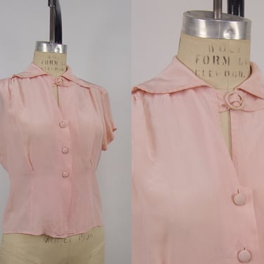 Vintage 1950s Soft Pink Satin Blouse, 50s Sheer Blouse, Vintage Buckle Collar, 50s Pin-up, Chest 38" Waist 32", SOLD AS IS by Mo