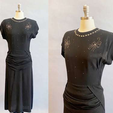 1940s Black Studded Dress / 1940s Party Dress / 1940s Cocktail Dress / Size Small 