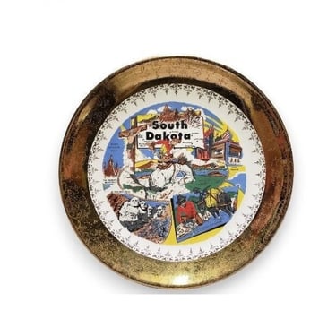 Vintage South Dakota Souvenir Plate, 1970s Gold Rimmed China, Travel Memorabilia, Cowboy Collectors of United States, Vintage Home Decor 