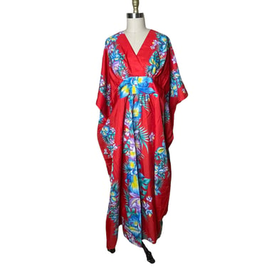 Vintage Royal Connection Hawaii Kimono Caftan Kaftan Dress Red Hibiscus Muumuu one size 