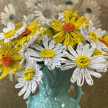 French glass beaded bouquet vintage yellow and white daisy flower bunch 