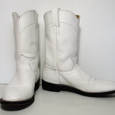 Vintage 1990s Justin Roper Cowboy Boots, White Leather, Size 8 1/2B Women 