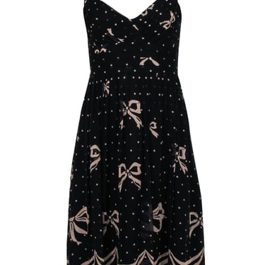 Shoshanna - Black Silk A-Line Cocktail Dress w/ Lace Trim &amp; Nude Print Sz 2