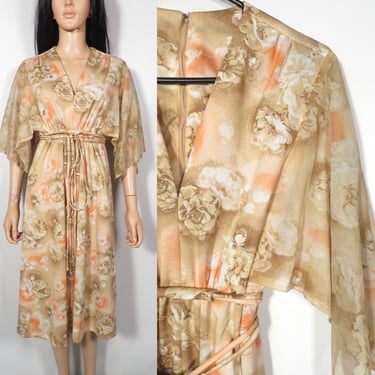 Vintage 70s Brown Floral Dress With Sheer Flowy Sleeves Size M/L 