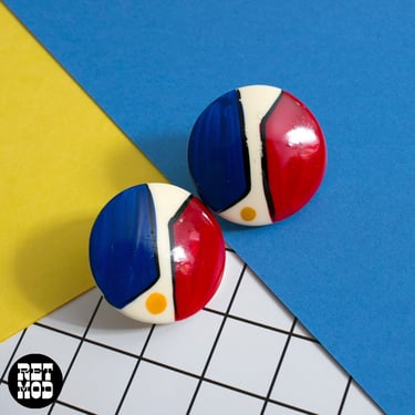 Unique Vintage 80s 90s Red Blue Yellow Round Geometric Earrings 