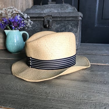 French Edwardian Straw Hat, Gents Fedora, Pinstripe Ribbon, Period Clothing 