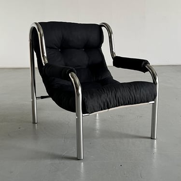 Vintage Mid-Century Modern Lounge Chair in Black Upholstery and Chrome Tubular Steel, Bauhaus Style, 1990s Italy 