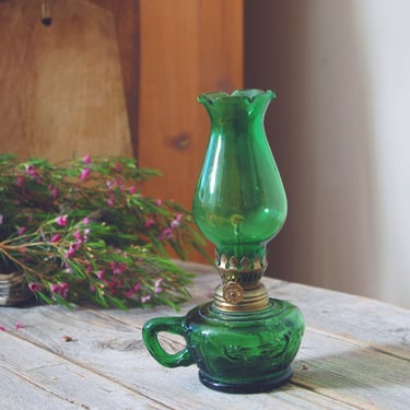 Vintage green glass hurricane oil lamp  /  vintage kerosene lamp / mini pressed glass lamp / shabby chic / antique cottage decor brass lamp 