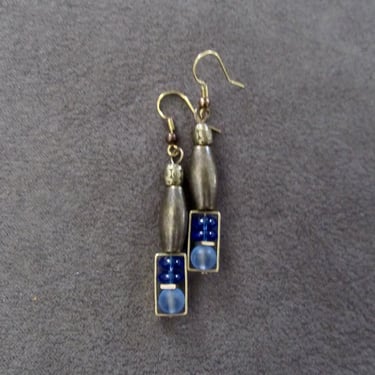 Bronze and periwinkle glass dangle earrings, artisan ethnic earrings, simple chic 