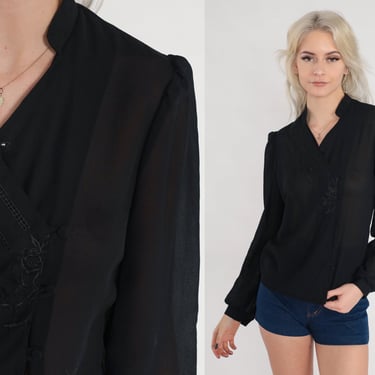 Sheer Black Blouse 70s Puff Sleeve Top Floral Embroidered Button Up Shirt Retro Gothic Victorian Romantic Vampy Party Vintage 1970s Small S 