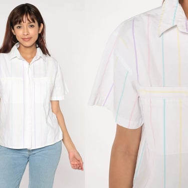 Pastel Striped Blouse 80s White Hidden Button Up Shirt Retro Short Sleeve Collared Top Girly Preppy Summer Vintage 1980s Cotton Large L 