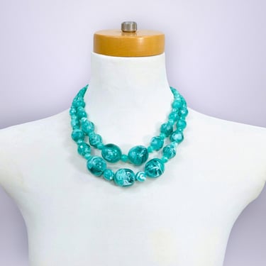 VINTAGE 50s Marbled Translucent Turquoise Lucite 2-Strand Bead Necklace | 1950s Mid Century Gum Ball Big Beaded Necklace | VFG 