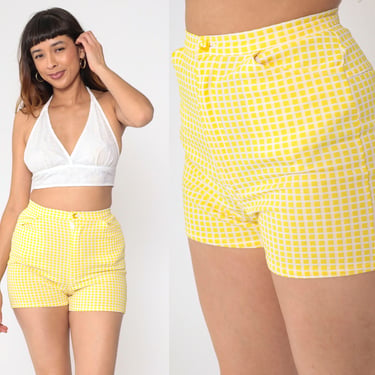 70s Shorts Yellow Grid Print Hotpants Checkered High Rise Retro Mod Shorts Pin Up Hot Pants Seventies Festival Vintage 1970s Small S 