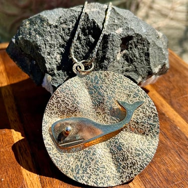 Vintage Whale Pendant Necklace Gold Tone Medallion Retro 60s Estate Jewelry Gift 