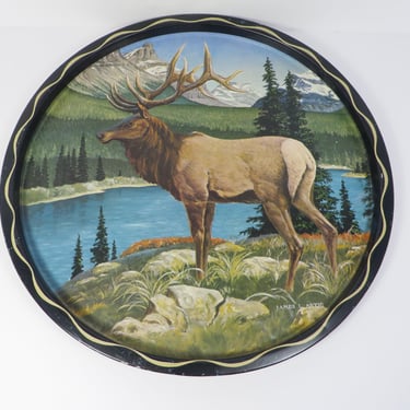 Vintage James Artig Mountain Elk Metal Round Tray 