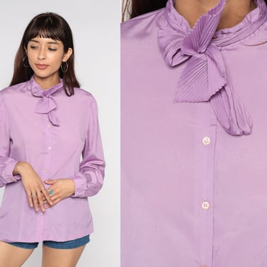 Purple Necktie Blouse 80s Lavender Ascot Bow Shirt Secretary Long Puff Sleeve Top Button Up Top Pastel Ruffle Collar Vintage 1980s Medium M 