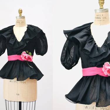 80s 90s Vintage Black Ruffle Shirt Surplice Top with Pink Flower Belt Sheer Black Organza 80s Party Top Poof Sleeves Lillie Rubin Size Small 