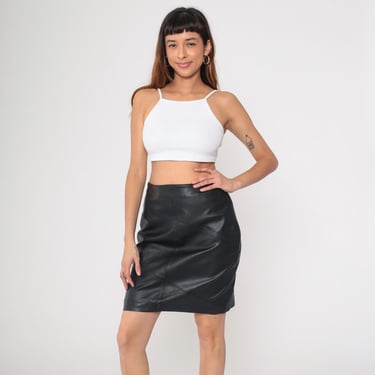 Vintage Black Leather Mini Skirt 90s Pencil Skirt Retro Glam Going Out Skirt Party Goth Punk High Waisted Clubwear Tight Medium 8 