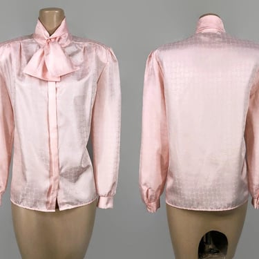 VINTAGE 80s Peachy Pink Geometric Satin Pussy Bow Blouse by Orare | 1980s Bishop Sleeve Button Ascot blouse | vfg 