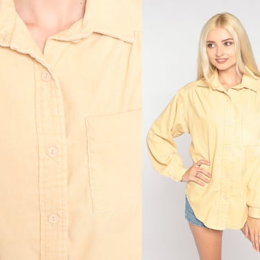 Tan Corduroy Shirt 90s Button Up Top Long Sleeve Boyfriend Shirt Collared Casual Blouse Basic Plain Granola Retro Vintage 1990s Medium Large 