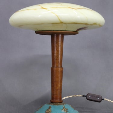 1940s Restored Wooden Table Lamp with Brass Base and Glass Shade  / Mid-century / Vintage Lamp / 